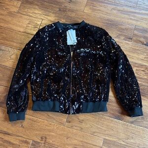 HAODUOYI Black Sequin Zip-Front Bomber Jacket